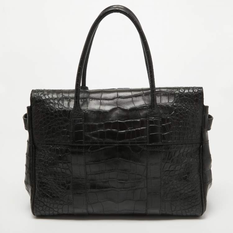 Pre Owned Mulberry Black Croc Embossed Leather Bayswater Satchel