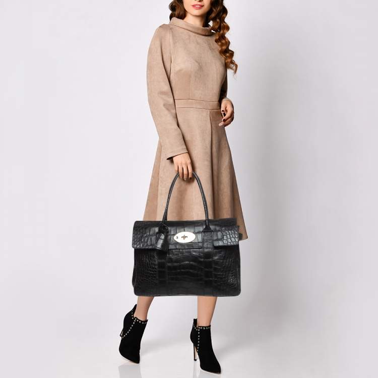 Pre Owned Mulberry Black Croc Embossed Leather Bayswater Satchel