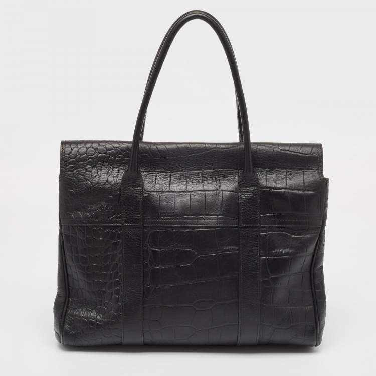 Pre Owned Mulberry Black Croc Embossed Leather Bayswater Satchel