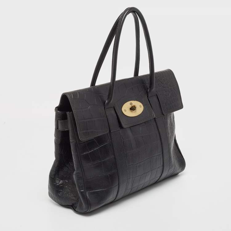 Pre Owned Mulberry Black Croc Embossed Leather Bayswater Satchel