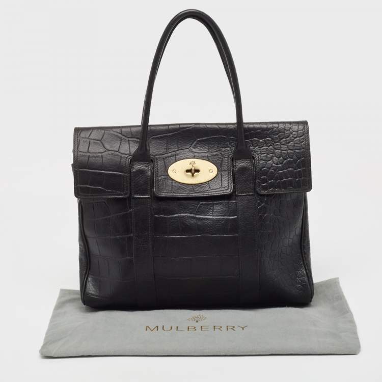 Pre Owned Mulberry Black Croc Embossed Leather Bayswater Satchel
