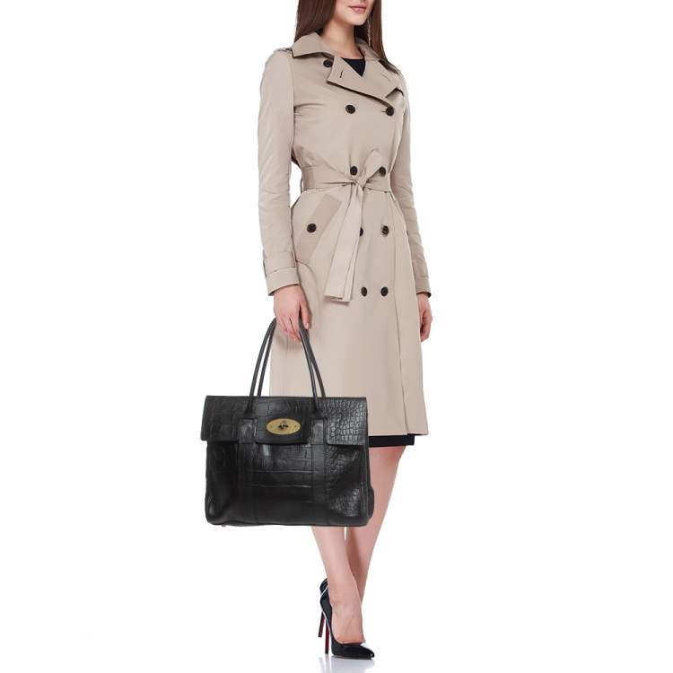 Pre Owned Mulberry Black Croc Embossed Leather Bayswater Satchel