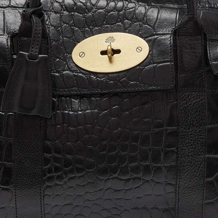 Pre Owned Mulberry Black Croc Embossed Leather Bayswater Satchel
