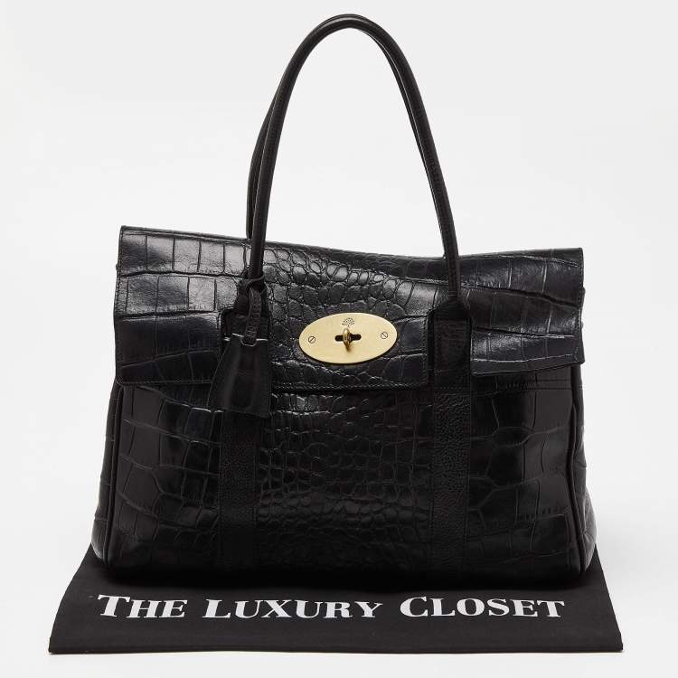 Pre Owned Mulberry Black Croc Embossed Leather Bayswater Satchel