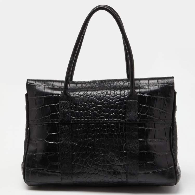 Pre Owned Mulberry Black Croc Embossed Leather Bayswater Satchel
