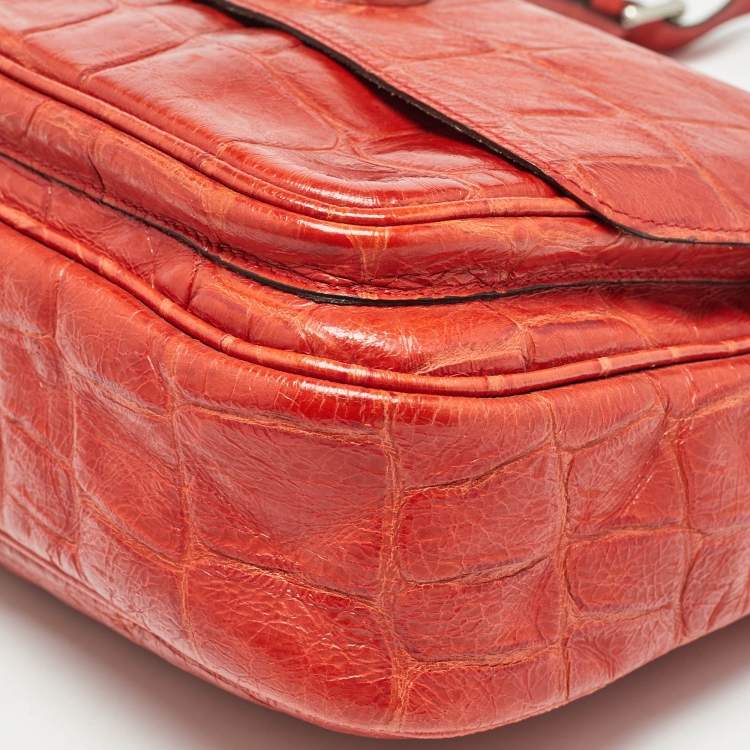 Pre Owned Mulberry Coral Red Croc Embossed Leather Shoulder Bag