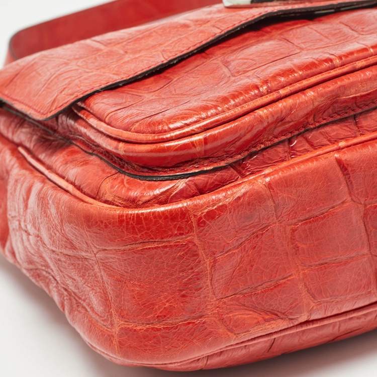 Pre Owned Mulberry Coral Red Croc Embossed Leather Shoulder Bag