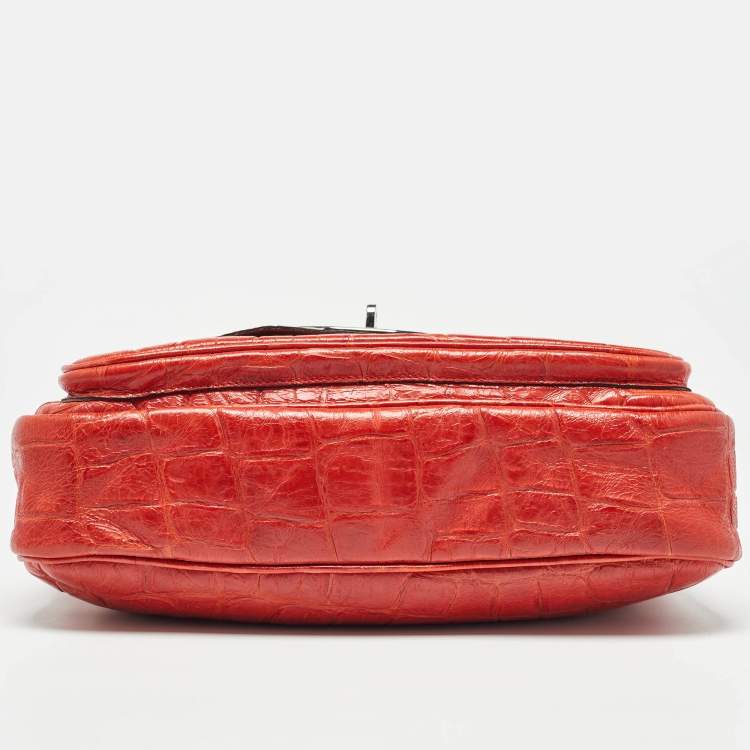 Pre Owned Mulberry Coral Red Croc Embossed Leather Shoulder Bag