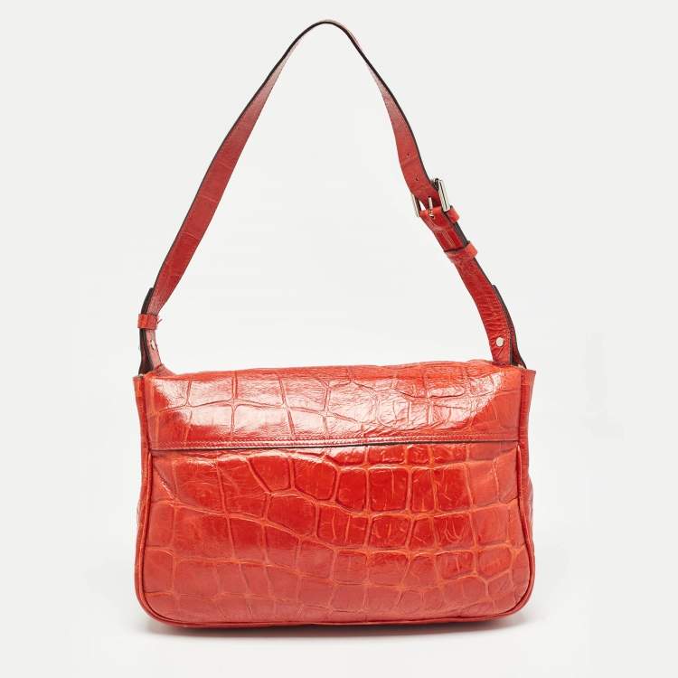 Pre Owned Mulberry Coral Red Croc Embossed Leather Shoulder Bag