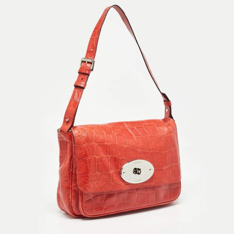 Pre Owned Mulberry Coral Red Croc Embossed Leather Shoulder Bag
