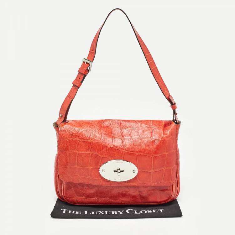 Pre Owned Mulberry Coral Red Croc Embossed Leather Shoulder Bag