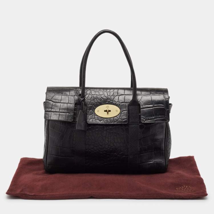 Pre Owned Mulberry Black Croc Embossed Leather Bayswater Satchel