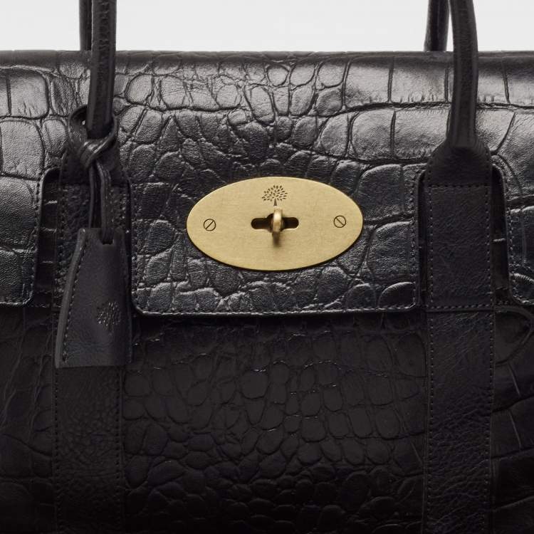 Pre Owned Mulberry Black Croc Embossed Leather Bayswater Satchel