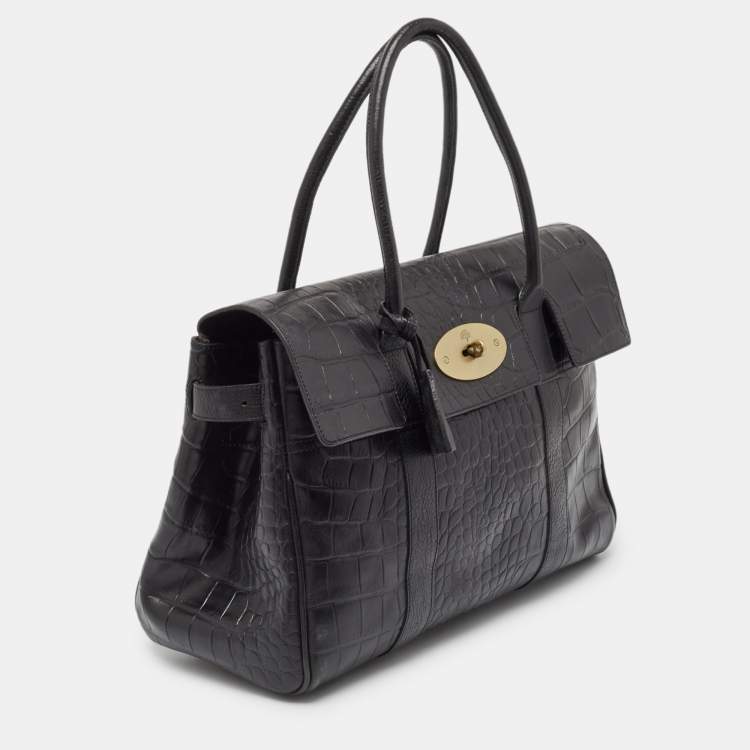 Pre Owned Mulberry Black Croc Embossed Leather Bayswater Satchel