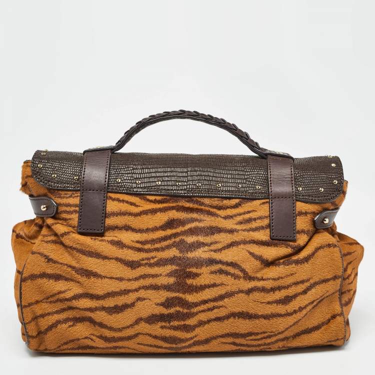 Pre Owned Mulberry Two Tone Brown Tiger Print/Lizard Embossed Calf Hair and Leather Studded Tassel Alexa Satchel