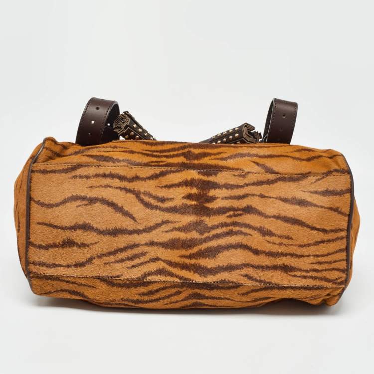 Pre Owned Mulberry Two Tone Brown Tiger Print/Lizard Embossed Calf Hair and Leather Studded Tassel Alexa Satchel
