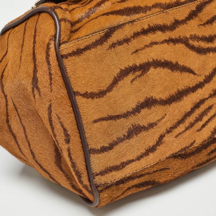 Pre Owned Mulberry Two Tone Brown Tiger Print/Lizard Embossed Calf Hair and Leather Studded Tassel Alexa Satchel