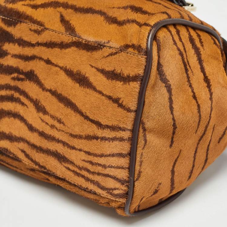 Pre Owned Mulberry Two Tone Brown Tiger Print/Lizard Embossed Calf Hair and Leather Studded Tassel Alexa Satchel