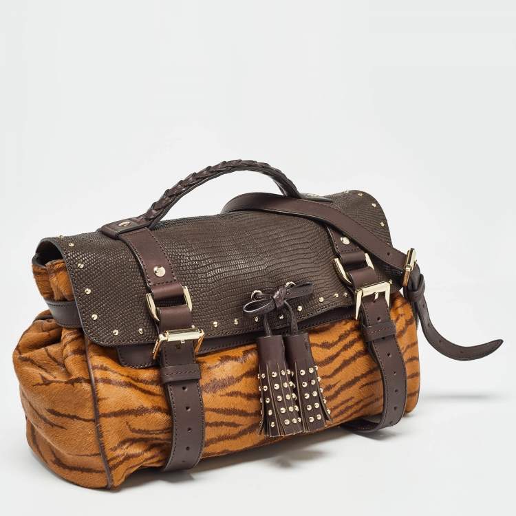 Pre Owned Mulberry Two Tone Brown Tiger Print/Lizard Embossed Calf Hair and Leather Studded Tassel Alexa Satchel