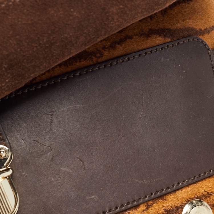 Pre Owned Mulberry Two Tone Brown Tiger Print/Lizard Embossed Calf Hair and Leather Studded Tassel Alexa Satchel