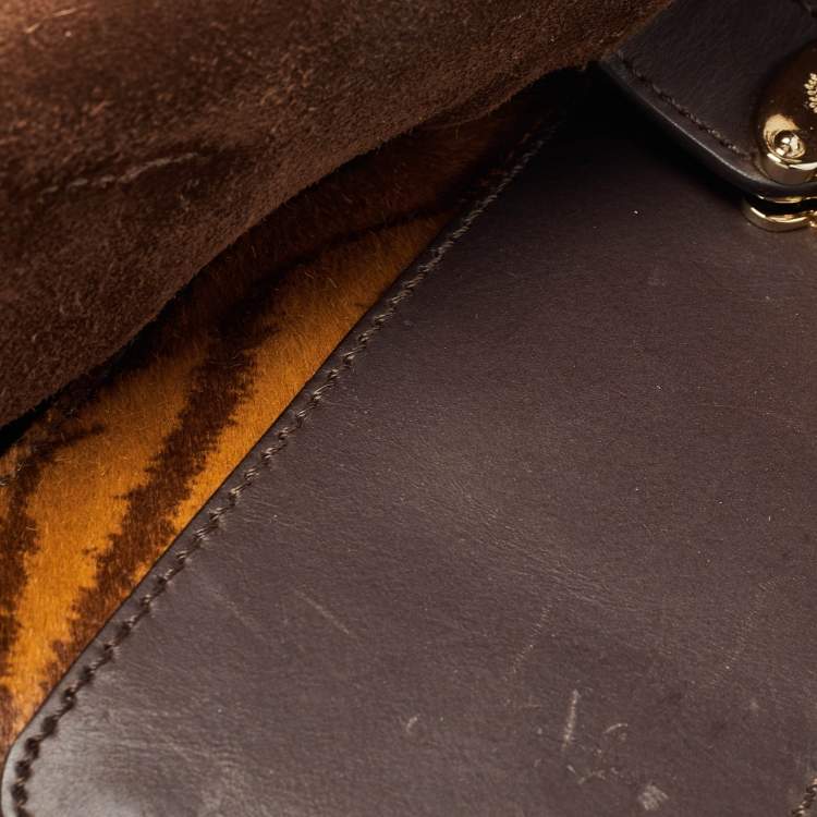 Pre Owned Mulberry Two Tone Brown Tiger Print/Lizard Embossed Calf Hair and Leather Studded Tassel Alexa Satchel