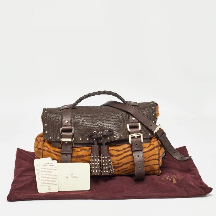 Pre Owned Mulberry Two Tone Brown Tiger Print/Lizard Embossed Calf Hair and Leather Studded Tassel Alexa Satchel