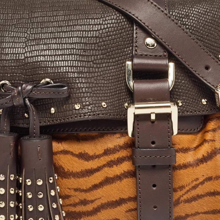 Pre Owned Mulberry Two Tone Brown Tiger Print/Lizard Embossed Calf Hair and Leather Studded Tassel Alexa Satchel