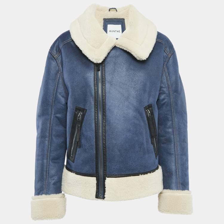 Pre Owned Munthe Blue Shearling and Leather Tishia Jacket S