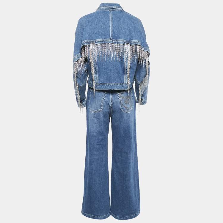 Pre Owned Munthe Blue Denim Crystal Fringed Jacket and Jeans Set XS/S Waist 28"