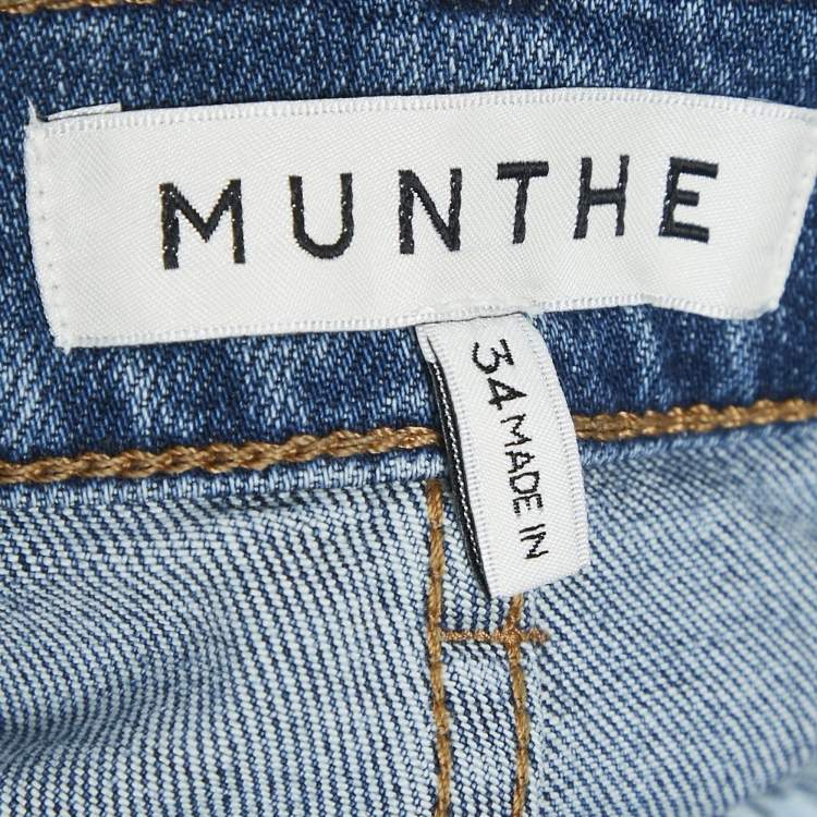 Pre Owned Munthe Blue Denim Crystal Fringed Jacket and Jeans Set XS/S Waist 28"