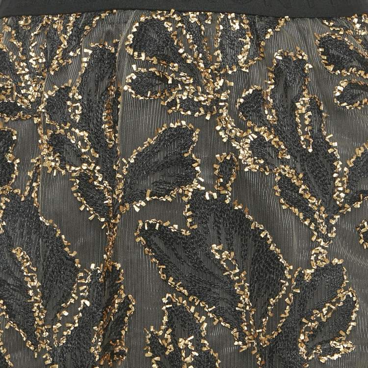 Pre Owned Munthe Black/Gold Leaf Embroidered Lace Mini Skirt M
