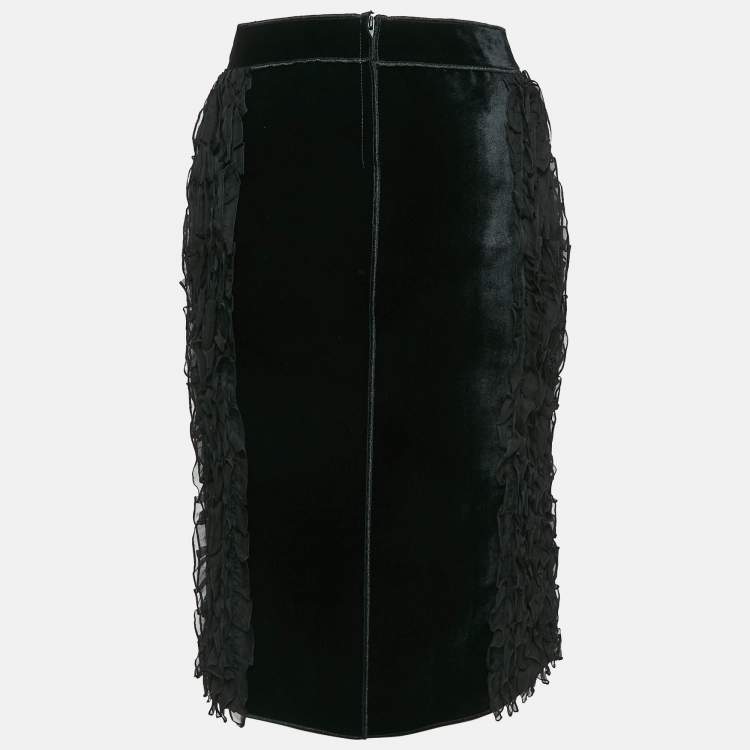 Pre Owned Nº21 Black Silk and Velvet Ruffled Pencil Skirt M