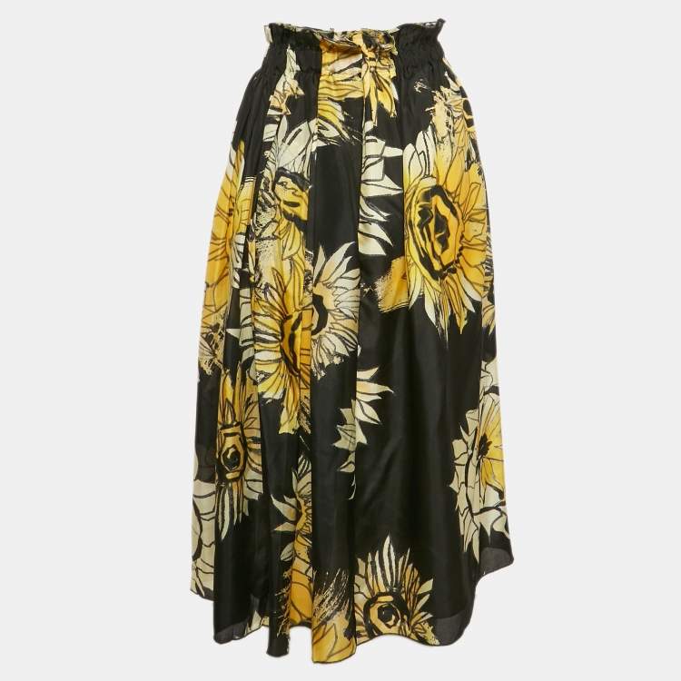 Pre Owned Nº21 Black Sunflower Print Silk Ruffled Midi Skirt M