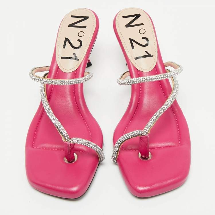 Pre Owned Nº21 Fuchsia Leather Crystal Embellished Thong Sandals Size 39