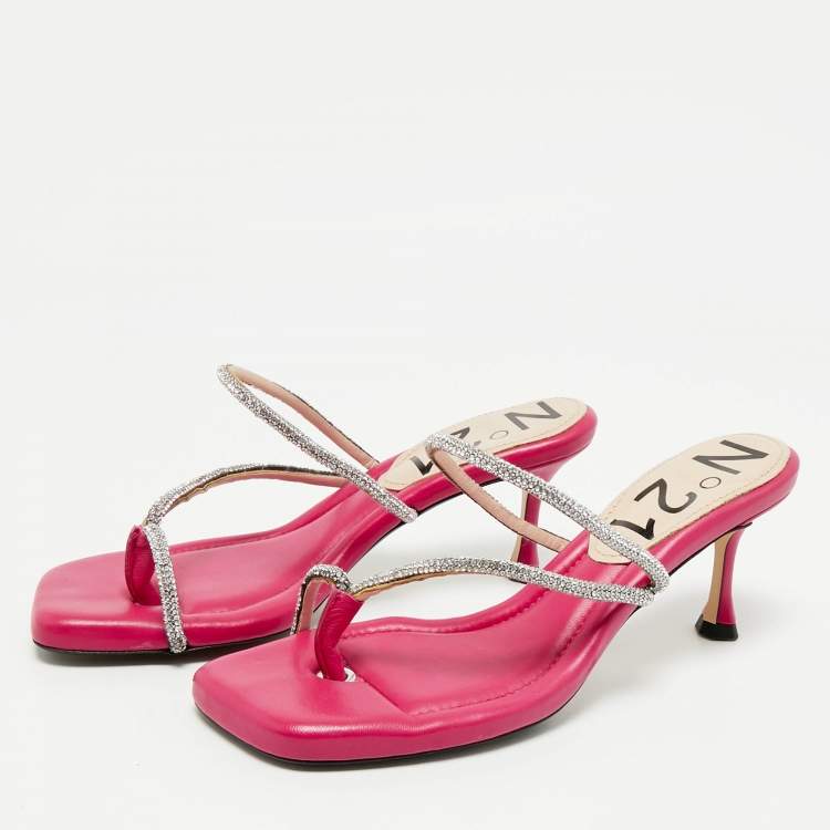Pre Owned Nº21 Fuchsia Leather Crystal Embellished Thong Sandals Size 39