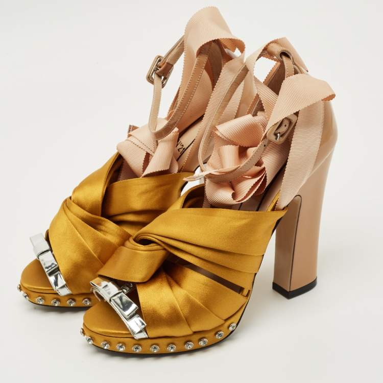 Pre Owned N21 Beige Patent Leather and Satin Peep Toe Ankle Strap Sandals Size 39.5