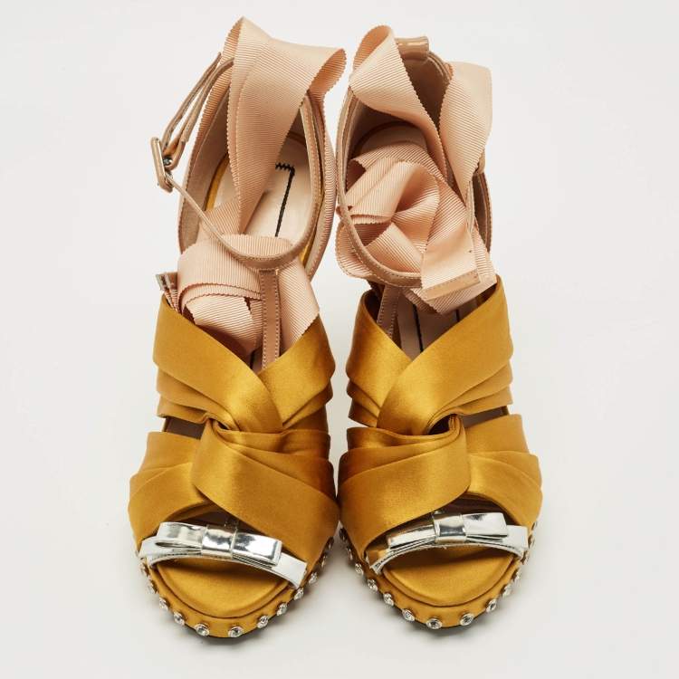 Pre Owned N21 Beige Patent Leather and Satin Peep Toe Ankle Strap Sandals Size 39.5