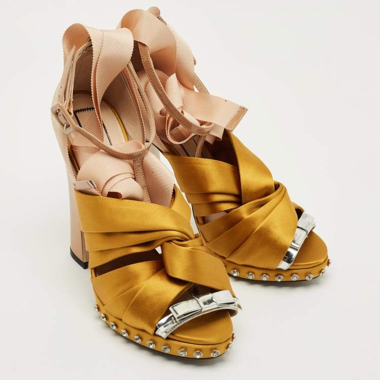 Pre Owned N21 Beige Patent Leather and Satin Peep Toe Ankle Strap Sandals Size 39.5