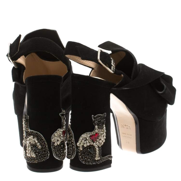 Pre Owned N21 Black Suede Embellished Knot Platform Block Heel Ankle Strap Sandals Size 36