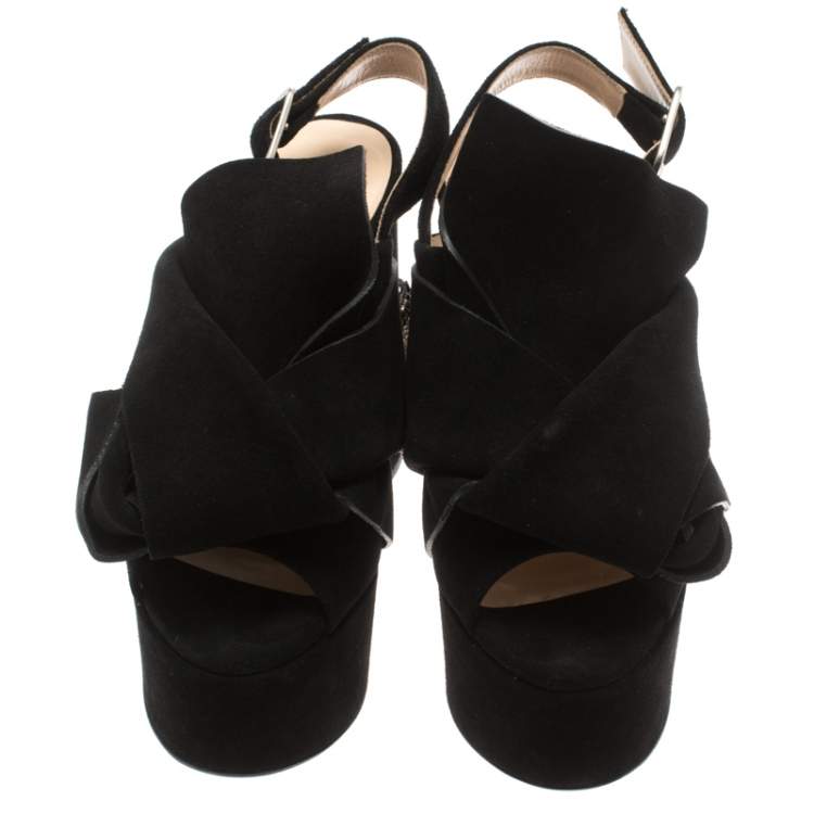 Pre Owned N21 Black Suede Embellished Knot Platform Block Heel Ankle Strap Sandals Size 36