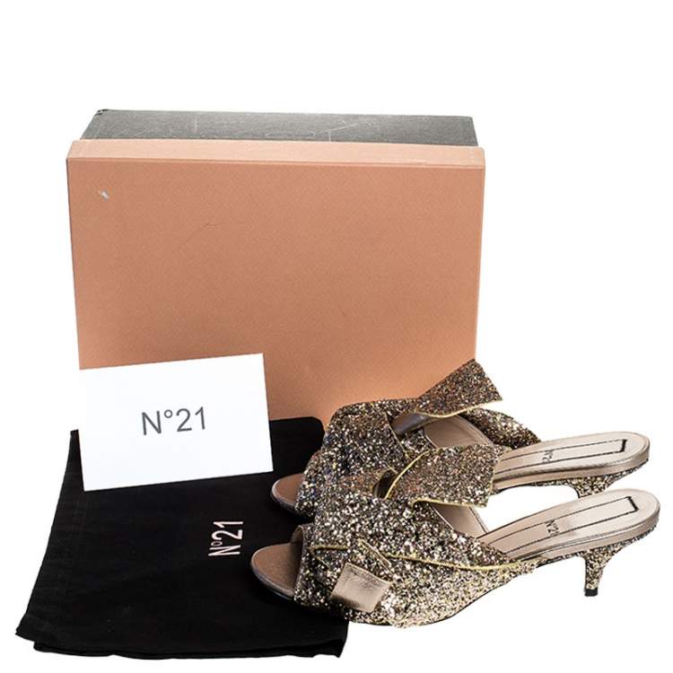 Pre Owned N21 Gold Coarse Glitter Bow Open Toe Sandals Size 40.5