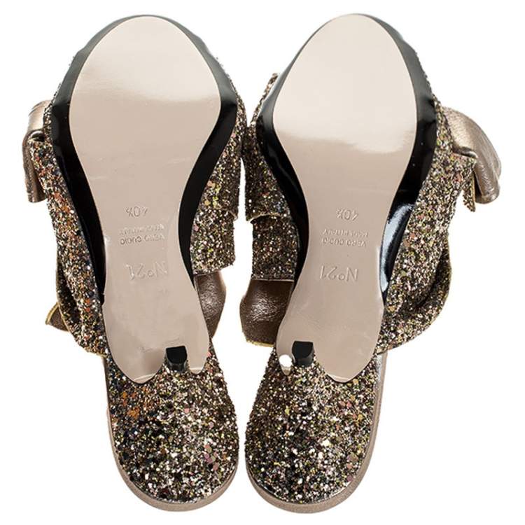 Pre Owned N21 Gold Coarse Glitter Bow Open Toe Sandals Size 40.5
