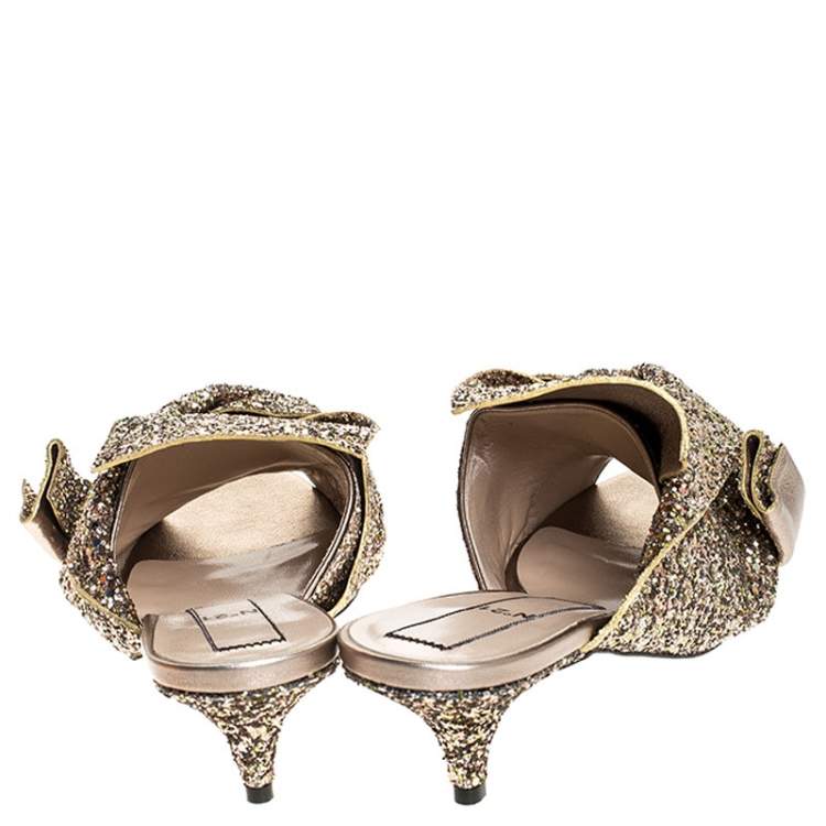 Pre Owned N21 Gold Coarse Glitter Bow Open Toe Sandals Size 40.5