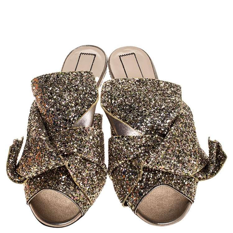 Pre Owned N21 Gold Coarse Glitter Bow Open Toe Sandals Size 40.5