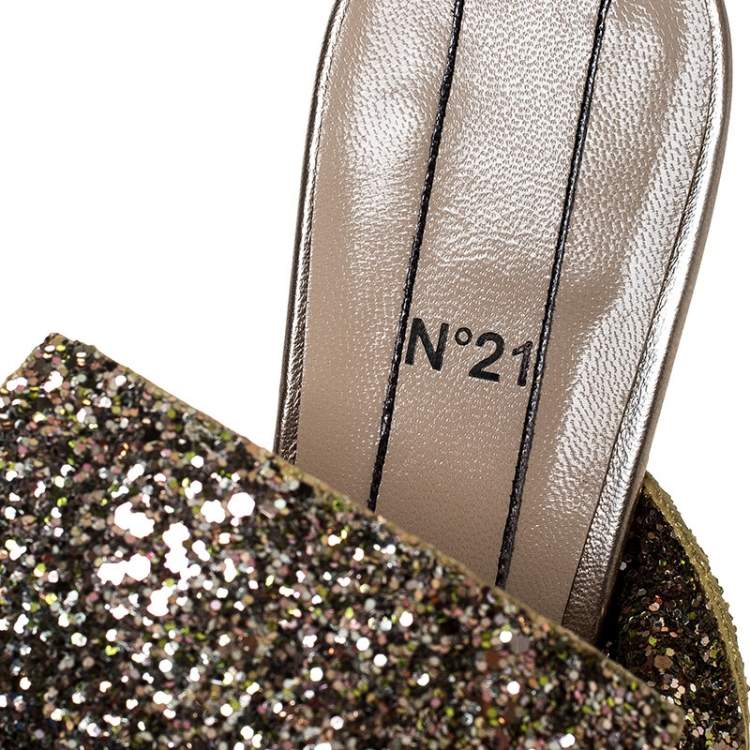 Pre Owned N21 Gold Coarse Glitter Bow Open Toe Sandals Size 40.5