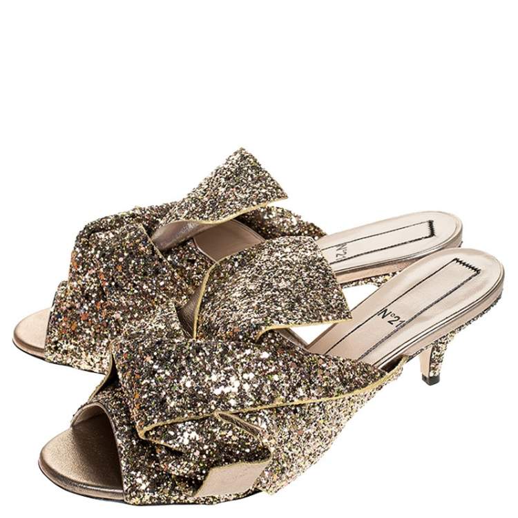 Pre Owned N21 Gold Coarse Glitter Bow Open Toe Sandals Size 40.5