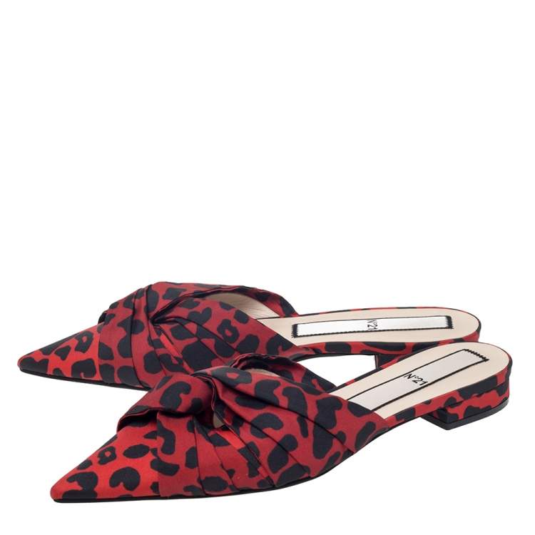 Pre Owned N21 Red/Black Leopard Print Satin Knot Flat Mules Size 40