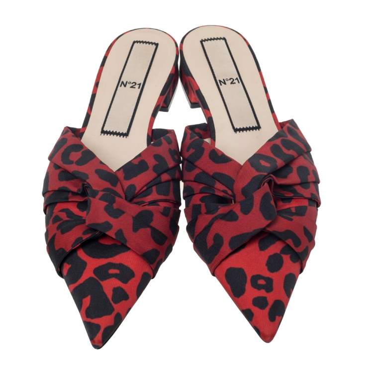 Pre Owned N21 Red/Black Leopard Print Satin Knot Flat Mules Size 40