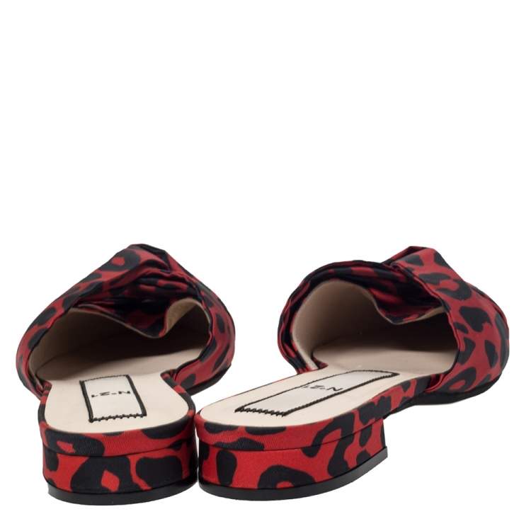 Pre Owned N21 Red/Black Leopard Print Satin Knot Flat Mules Size 40