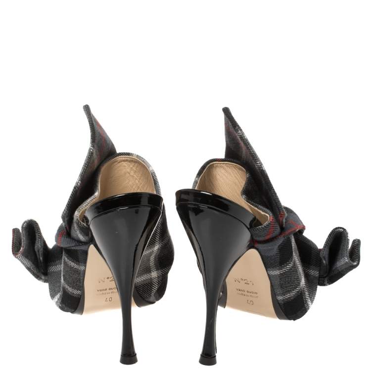 Pre Owned N°21 Grey Check Fabric Bow Mules Sandals Size 40